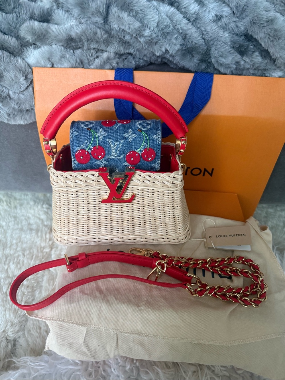 Louis Vuitton Cream Wicker Mini Bag with Red Trim